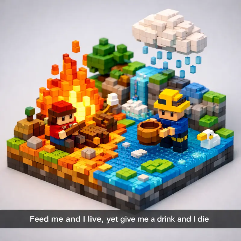 Illustration for riddle: Feed me and I live, yet give me a drink and I die