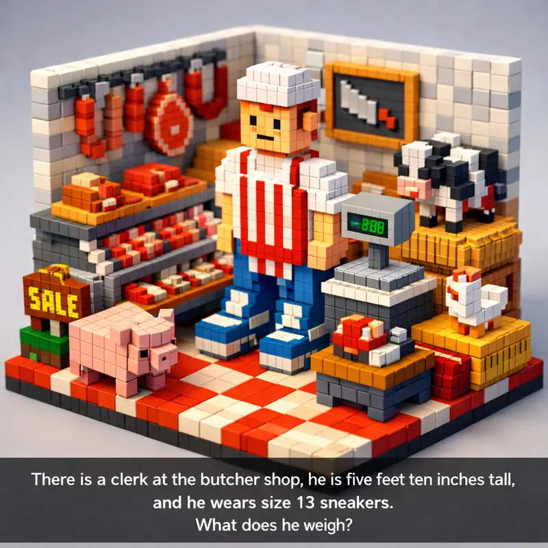 Illustration for riddle: There is a clerk at the butcher shop, he is five feet ten inches tall, and he wears size 13 sneakers