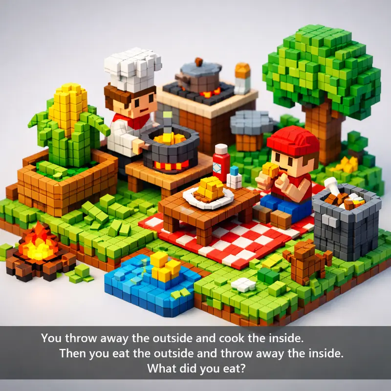 Illustration for riddle: You throw away the outside and cook the inside. Then you eat the outside and throw away the inside.