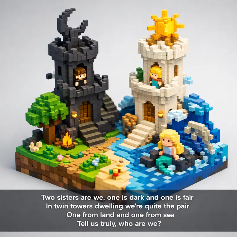 Illustration for riddle: Two sisters are we, one is dark and one is fair
In twin towers dwelling we're quite the pair
One fro