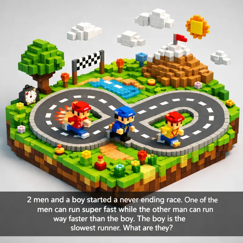 Illustration for riddle: 2 men and a boy started a never ending race. One of the men can run super fast while the other man c