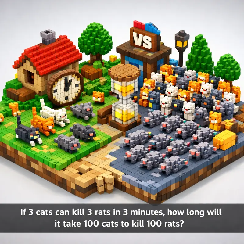 Illustration for riddle: If 3 cats can kill 3 rats in 3 minutes, how long will it take 100 cats to kill 100 rats?