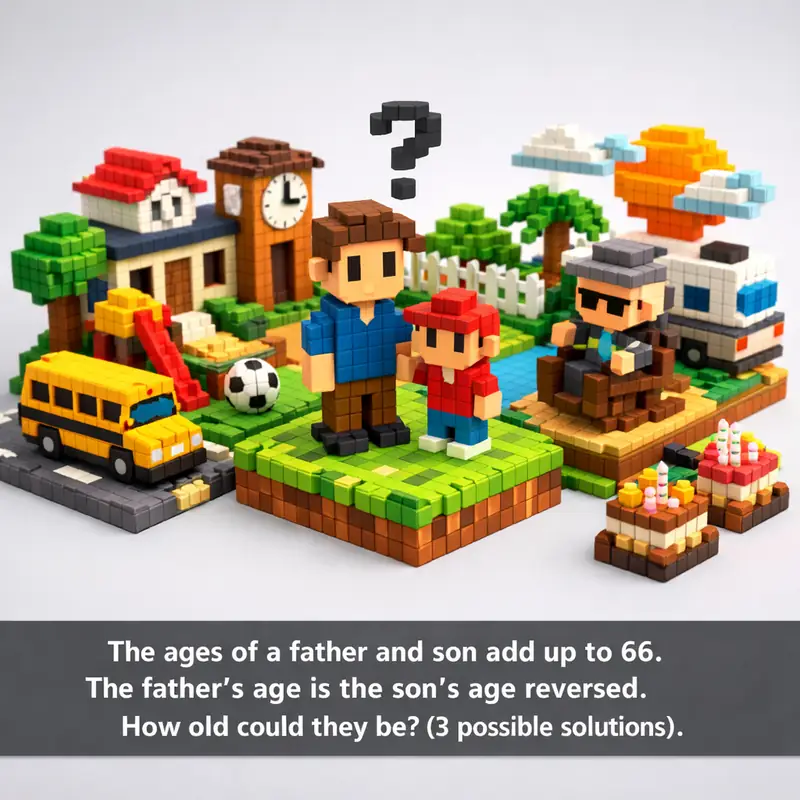 Illustration for riddle: The ages of a father and son add up to 66. The father's age is the son's age reversed. How old could