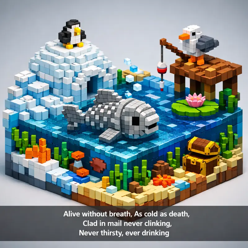 Illustration for riddle: Alive without breath,
As cold as death,
Clad in mail never clinking,
Never thirsty, ever drinking