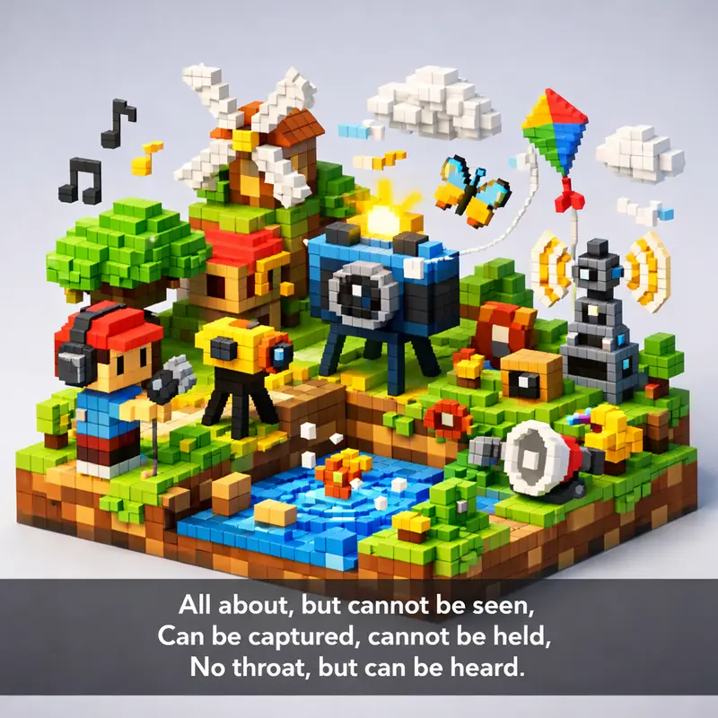 Illustration for riddle: All about, but cannot be seen,
Can be captured, cannot be held,
No throat, but can be heard.