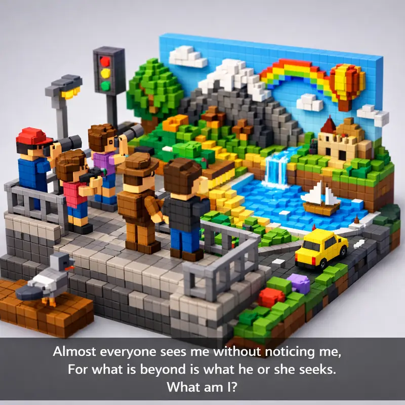 Illustration for riddle: Almost everyone sees me without noticing me,
For what is beyond is what he or she seeks.
What am