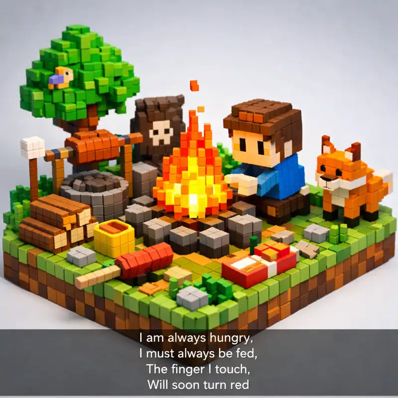 Illustration for riddle: I am always hungry,
I must always be fed,
The finger I touch,
Will soon turn red