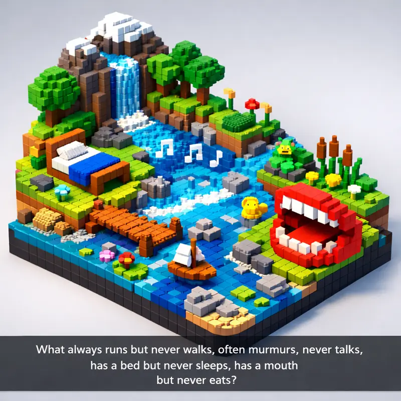 Illustration for riddle: What always runs but never walks, often murmurs, never talks, has a bed but never sleeps, has a mout