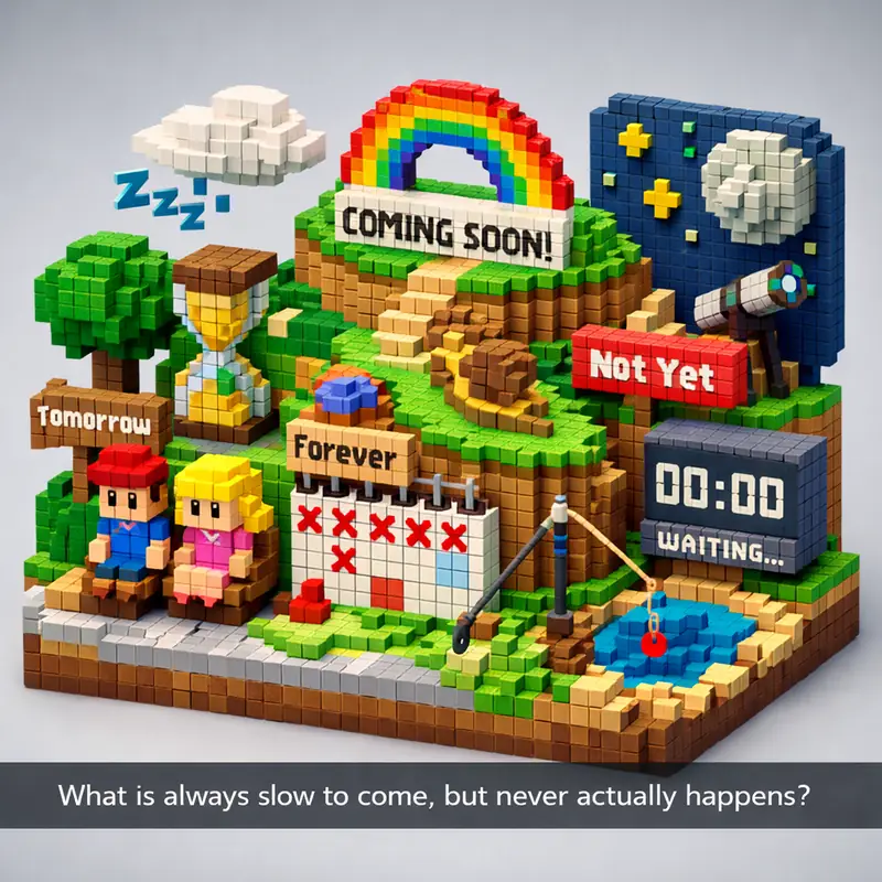 Illustration for riddle: What is always slow to come, but never actually happens?