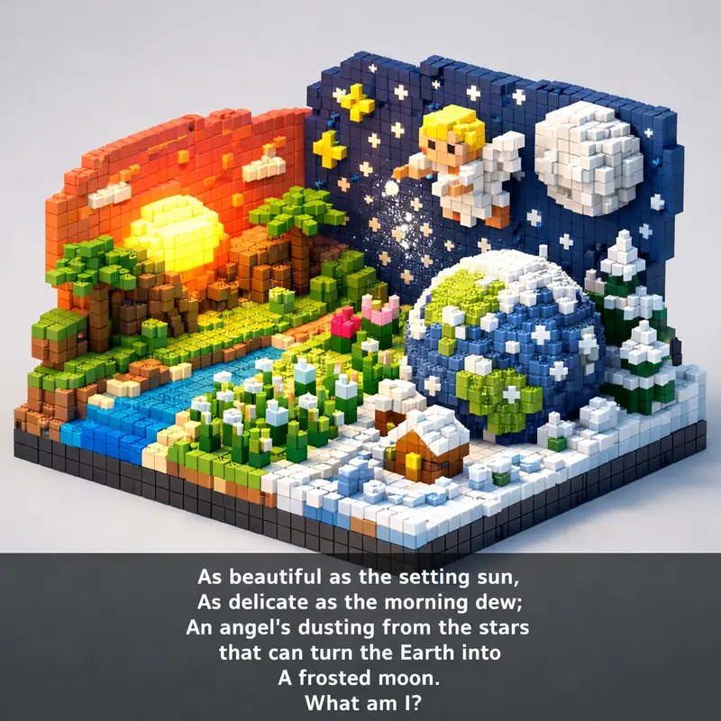 Illustration for riddle: As beautiful as the setting sun,
As delicate as the morning dew;
An angel's dusting from the stars
t