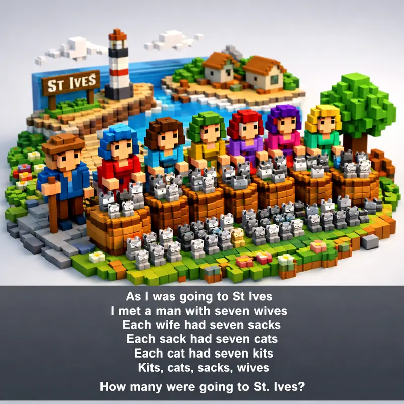 Illustration for riddle: As I was going to St Ives
I met a man with seven wives
Each wife had seven sacks
Each sack had seven