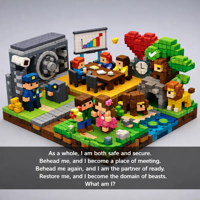 Illustration for riddle: As a whole, I am both safe and secure.
Behead me, and I become a place of meeting.
Behead me again,