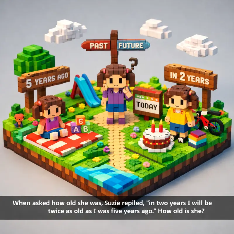 Illustration for riddle: When asked how old she was, Suzie replied, "in two years I will be twice as old as I was five years