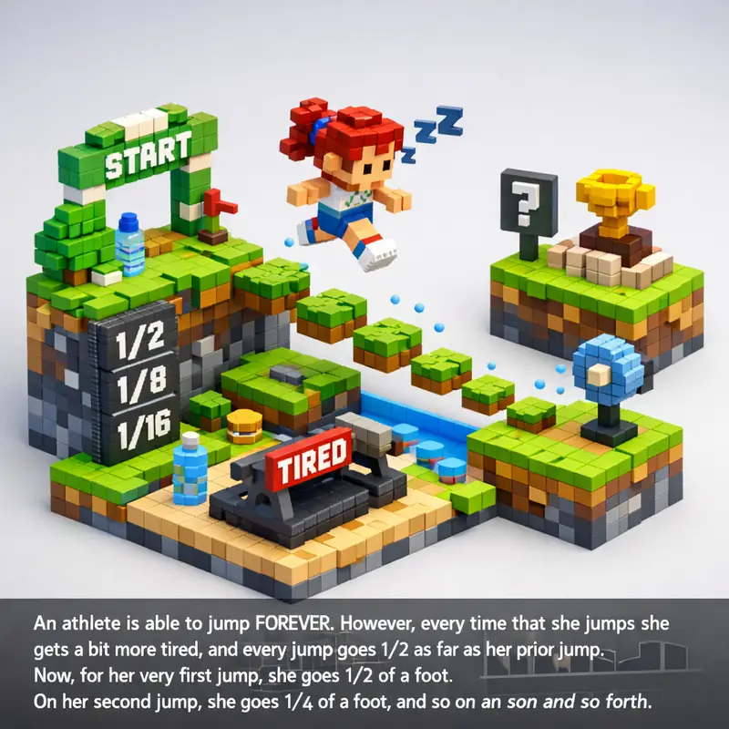 Illustration for riddle: An athlete is able to jump FOREVER. However, every time that she jumps she gets a bit more tired, an