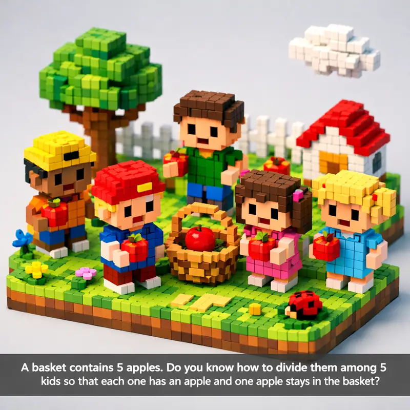 Illustration for riddle: A basket contains 5 apples. Do you know how to divide them among 5 kids so that each one has an appl