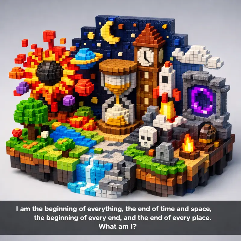 Illustration for riddle: I am the beginning of everything, the end of time and space, the beginning of every end, and the end