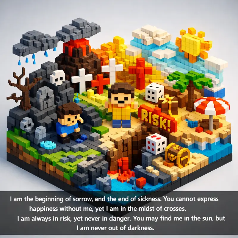 Illustration for riddle: I am the beginning of sorrow, and the end of sickness. You cannot express happiness without me, yet