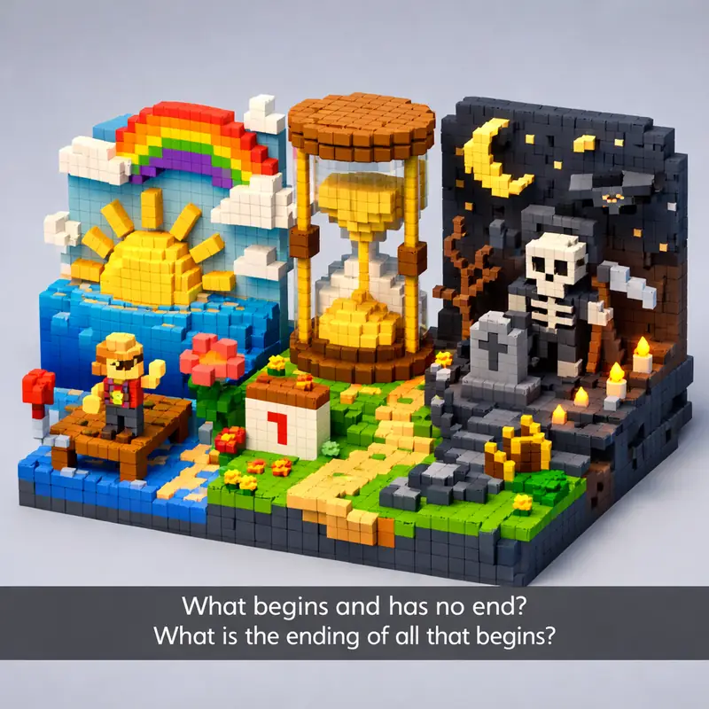 Illustration for riddle: What begins and has no end? What is the ending of all that begins?