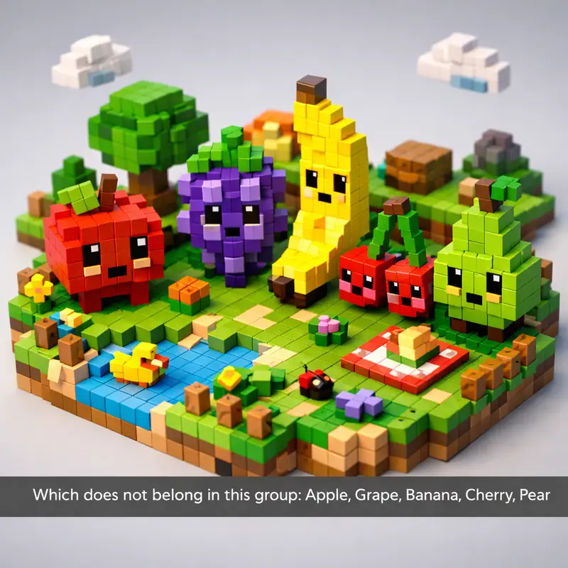 Illustration for riddle: Which does not belong in this group: Apple, Grape, Banana, Cherry, Pear