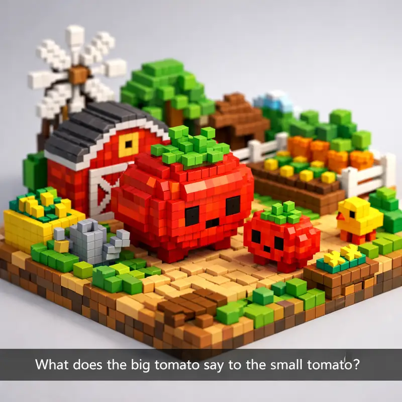 Illustration for riddle: What does the big tomato say to the small tomato?