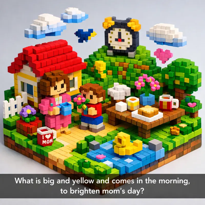 Illustration for riddle: What is big and yellow and comes in the morning, to brighten mom's day?