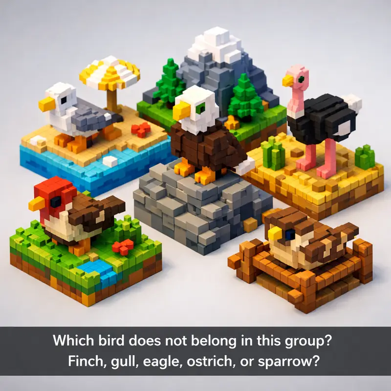 Illustration for riddle: Which bird does not belong in this group? Finch, gull, eagle, ostrich, or sparrow?