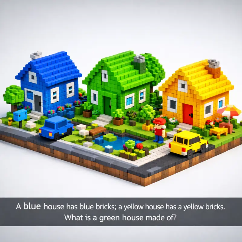 A blue house has blue bricks; a yellow house has a yellow bricks. What is a gree...