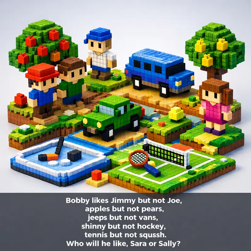 Illustration for riddle: Bobby likes Jimmy but not Joe,
apples but not pears,
jeeps but not vans,
shinny but not hockey,
tenn