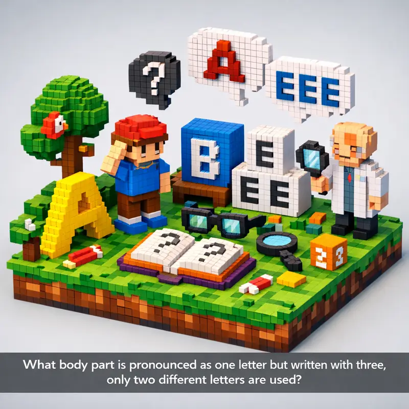 Illustration for riddle: What body part is pronounced as one letter but written with three, only two different letters are us