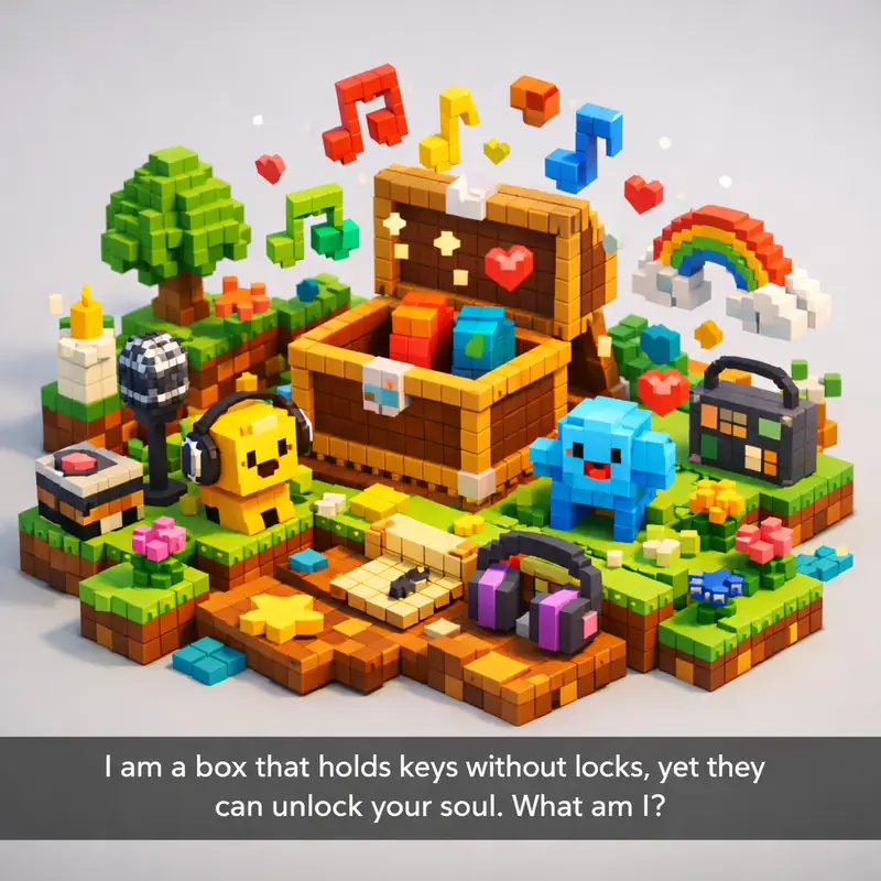 Illustration for riddle: I am a box that holds keys without locks, yet they can unlock your soul. What am I?