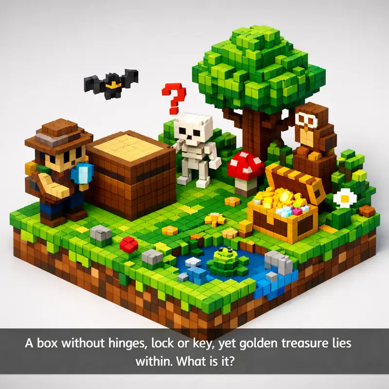 Illustration for riddle: A box without hinges, lock or key, yet golden treasure lies within. What is it?