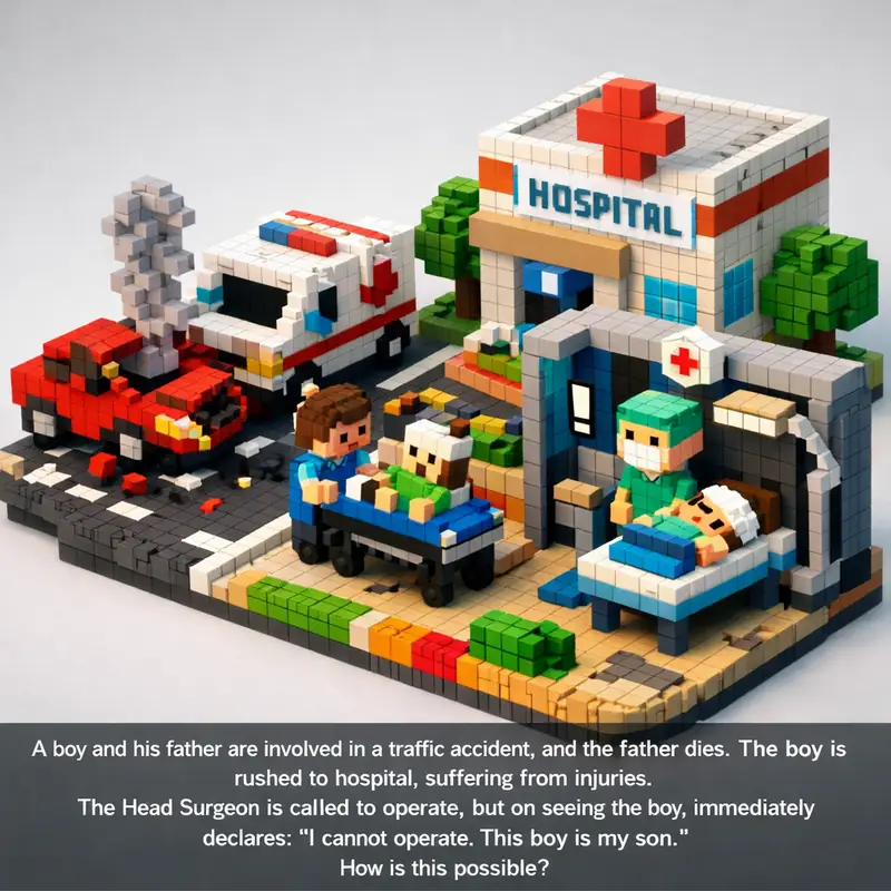 Illustration for riddle: A boy and his father are involved in a traffic accident, and the father dies. The boy is rushed to h