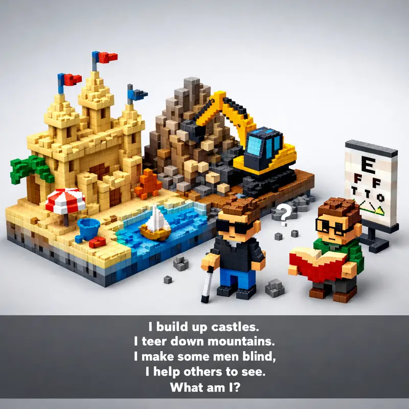 Illustration for riddle: I build up castles.
I tear down mountains.
I make some men blind,
I help others to see.
What am I?