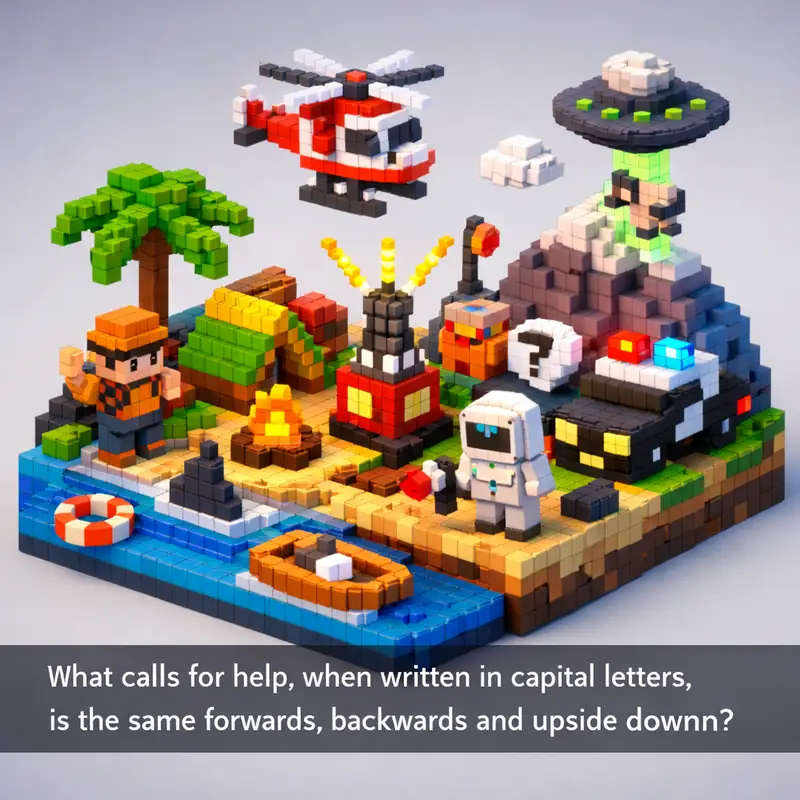 Illustration for riddle: What calls for help, when written in capital letters, is the same forwards, backwards and upside dow