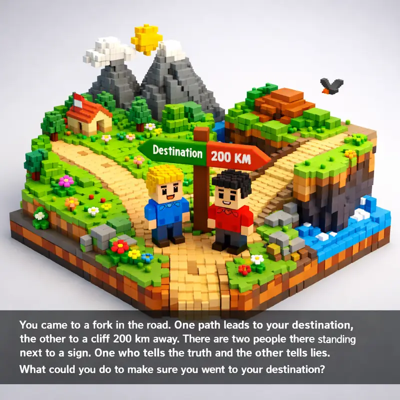 Illustration for riddle: You came to a fork in the road. One path leads to your destination, the other to a cliff 200 km away