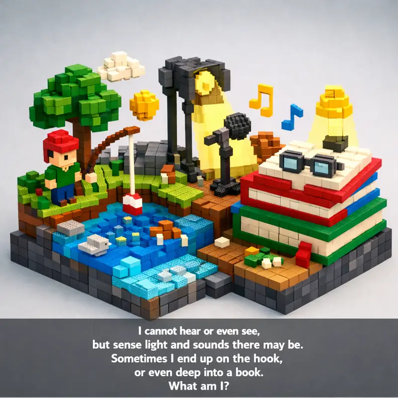 Illustration for riddle: I cannot hear or even see,
but sense light and sounds there may be.
Sometimes I end up on the hook,