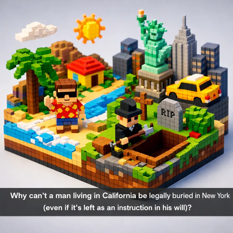 Illustration for riddle: Why can't a man living in California be legally buried in New York (even if it's left as an instruct