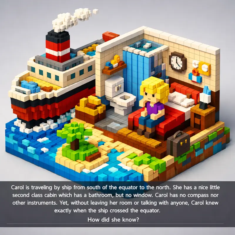 Illustration for riddle: Carol is traveling by ship from south of the equator to the north. She has a nice little second clas