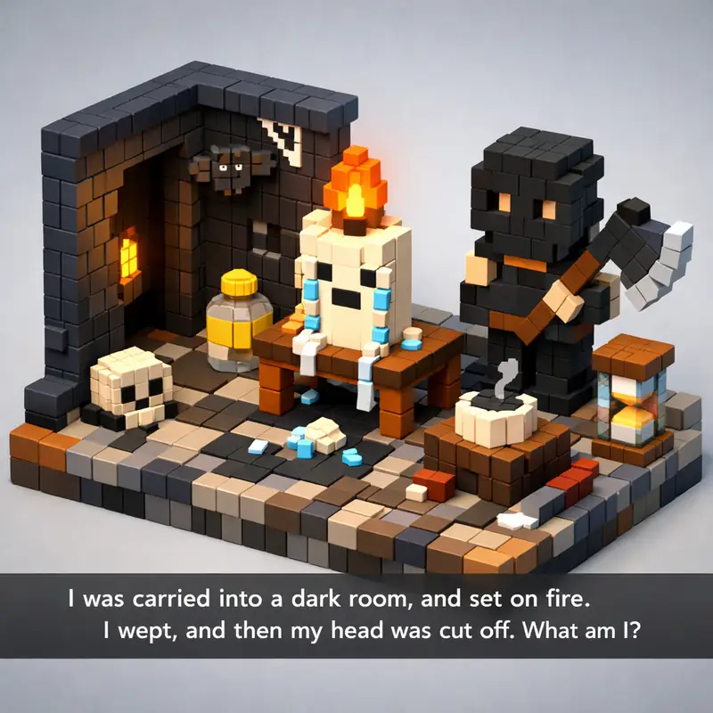 Illustration for riddle: I was carried into a dark room, and set on fire. I wept, and then my head was cut off. What am I?