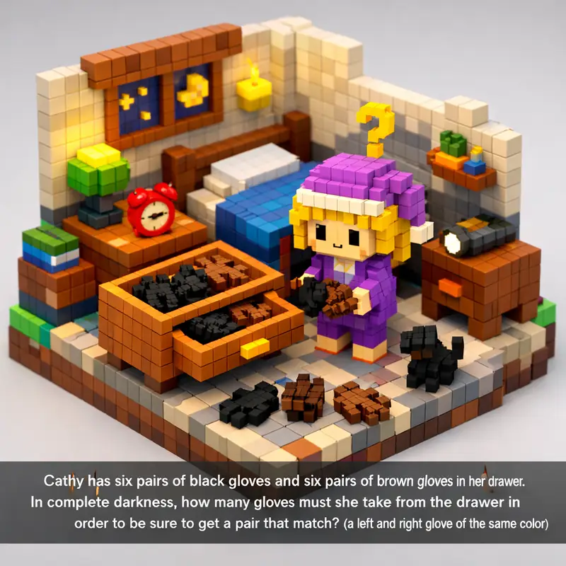 Illustration for riddle: Cathy has six pairs of black gloves and six pairs of brown gloves in her drawer. In complete darkne