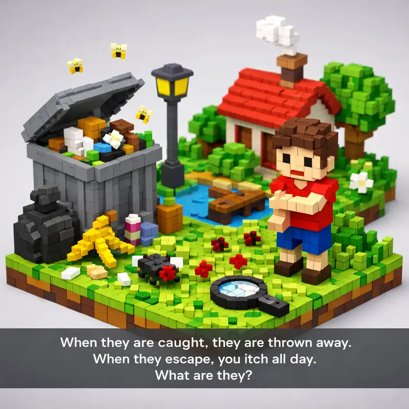 Illustration for riddle: When they are caught, they are thrown away. When they escape, you itch all day. What are they?