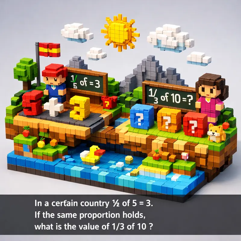 Illustration for riddle: In a certain country ½ of 5 = 3. If the same proportion holds, what is the value of 1/3 of 10 ?