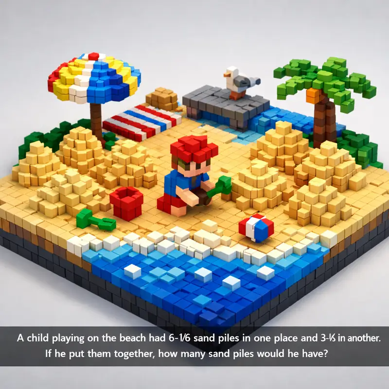 A child playing on the beach had 6-1/6 sand piles in one place and 3-1/3 in anot...