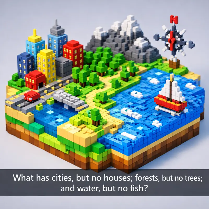 Illustration for riddle: What has cities, but no houses; forests, but no trees; and water, but no fish?