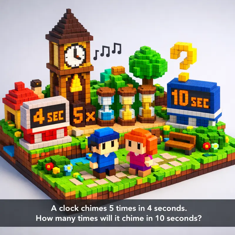 Illustration for riddle: A clock chimes 5 times in 4 seconds. How many times will it chime in 10 seconds?