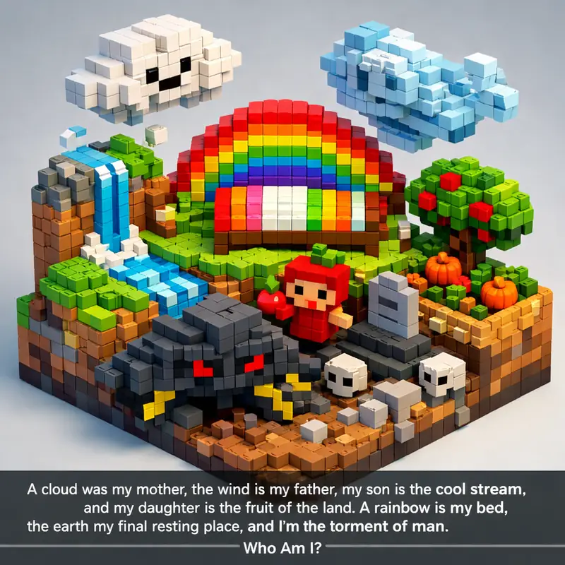 Illustration for riddle: A cloud was my mother, the wind is my father, my son is the cool stream, and my daughter is the frui