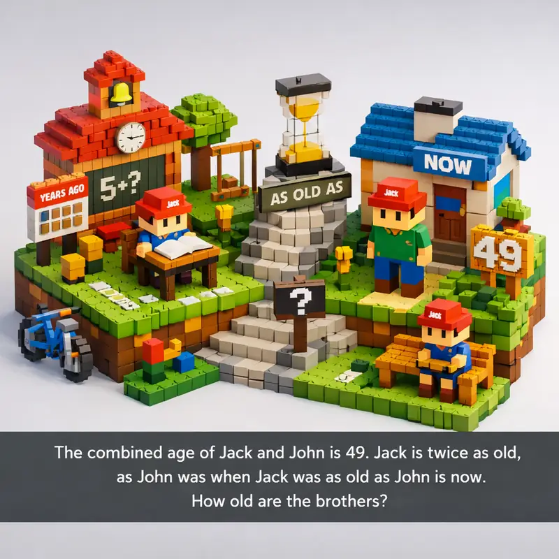 The combined age of Jack and John is 49. Jack is twice as old, as John was when...