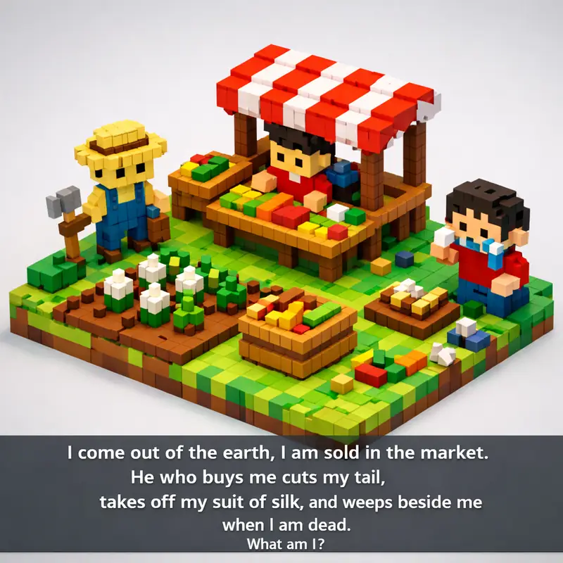 Illustration for riddle: I come out of the earth, I am sold in the market. He who buys me cuts my tail, takes off my suit of