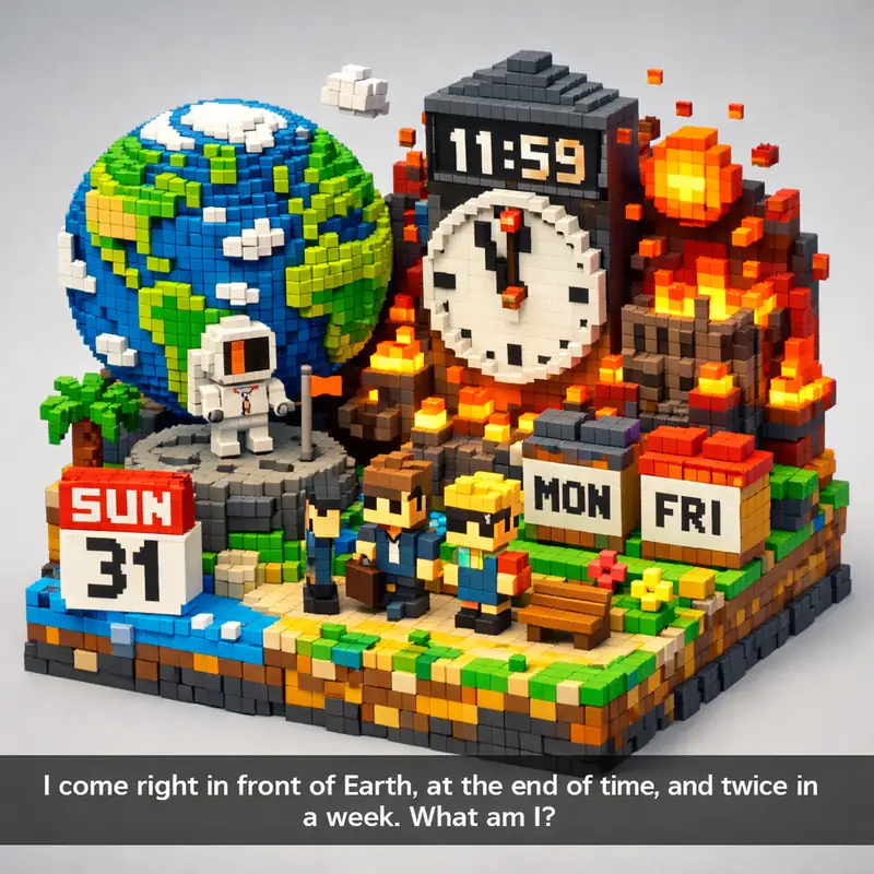 Illustration for riddle: I come right in front of Earth, at the end of time, and twice in a week. What am I?