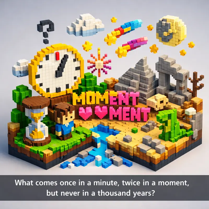 Illustration for riddle: What comes once in a minute, twice in a moment, but never in a thousand years?